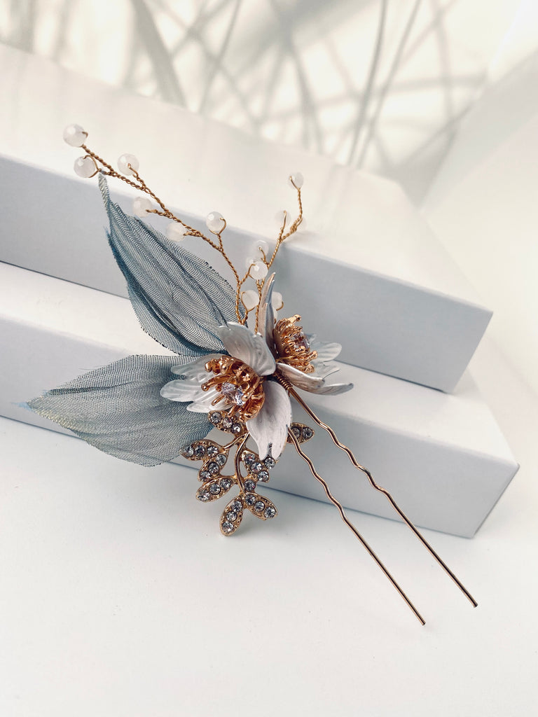 Exklusives Haarkamm- & Haarnadeln Set "White-Flower-Tulle" | Handmade-" Something Blue Kollektion - Bridal LUUV