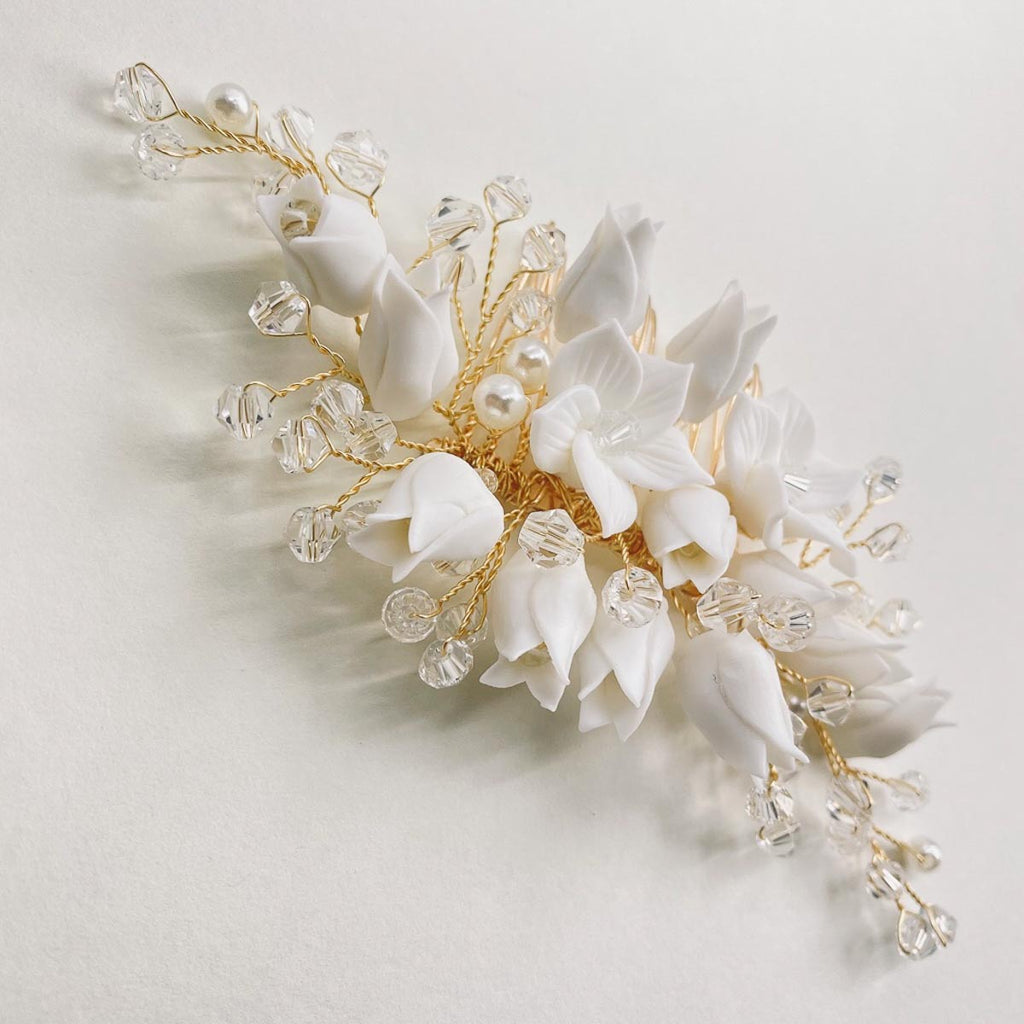 Haarkamm Braut "Golden Flower" mit Porzellanblüten und Kristallen | Handmade Hochzeit