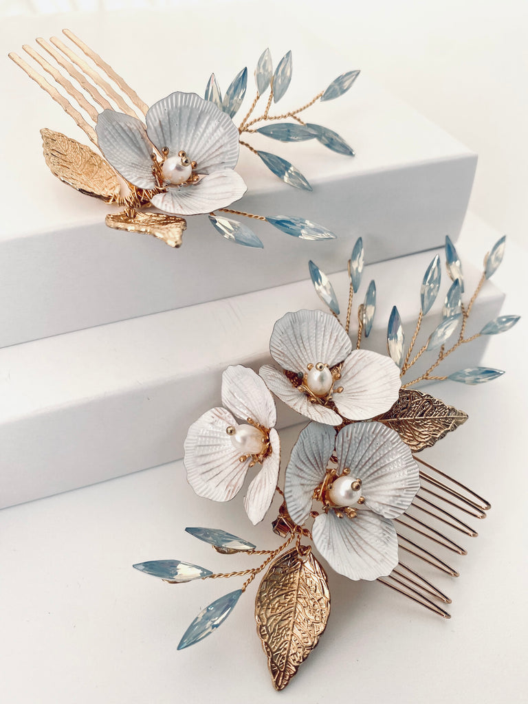 Exklusives Haarkamm Set "White-Flower-Opal" | Handmade-" Something Blue Kollektion - Bridal LUUV