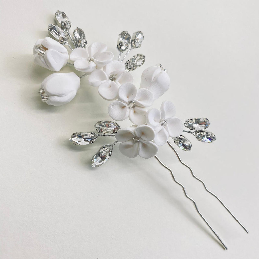 Braut Haarnadel Set 3 Stück "Blossom Silber" Porzellanblüten mit Kristallen & Perlen | Handmade - Bridal LUUV