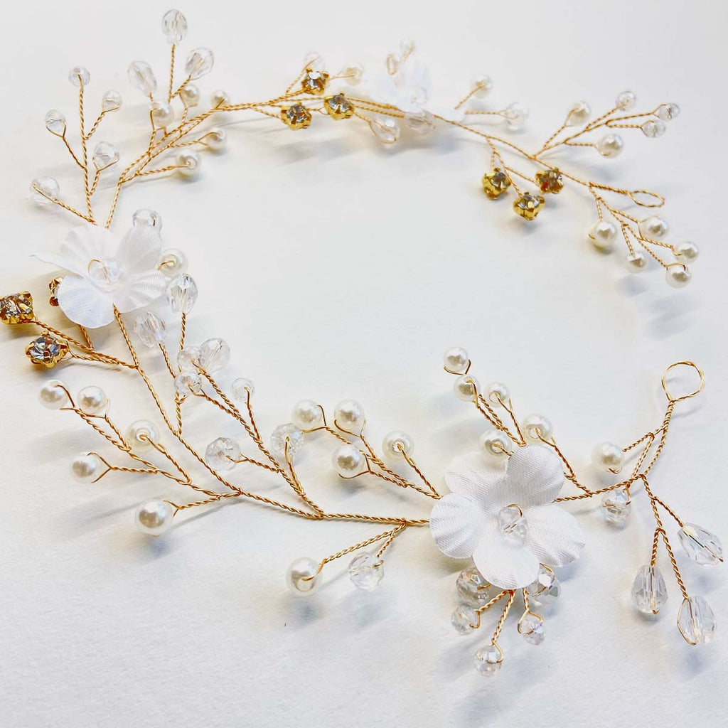 Braut Haarband "Armenia gold" mit Taftblüten, Kristallen & Perlen | Handmade Hochzeit
