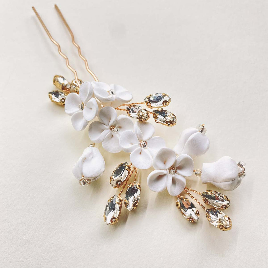 Braut Haarnadel Set 3 Stück "Blossom Gold" Porzellanblüten mit Strass Steinen & Perlen | Handmade Hochzeit