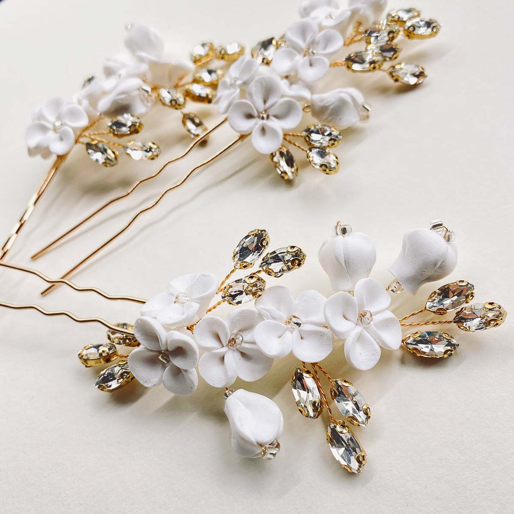 Braut Haarnadel Set 3 Stück "Blossom Gold" Porzellanblüten mit Strass Steinen & Perlen | Handmade Hochzeit