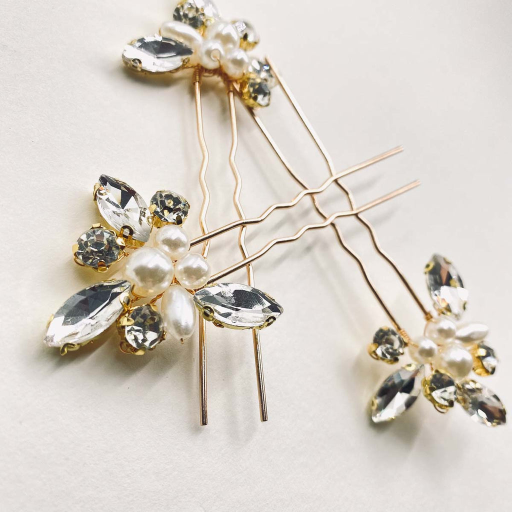 Braut Haarnadel Set 3 Stück "Ethno Gold" mit Strasskristallen & Perlen | Handmade