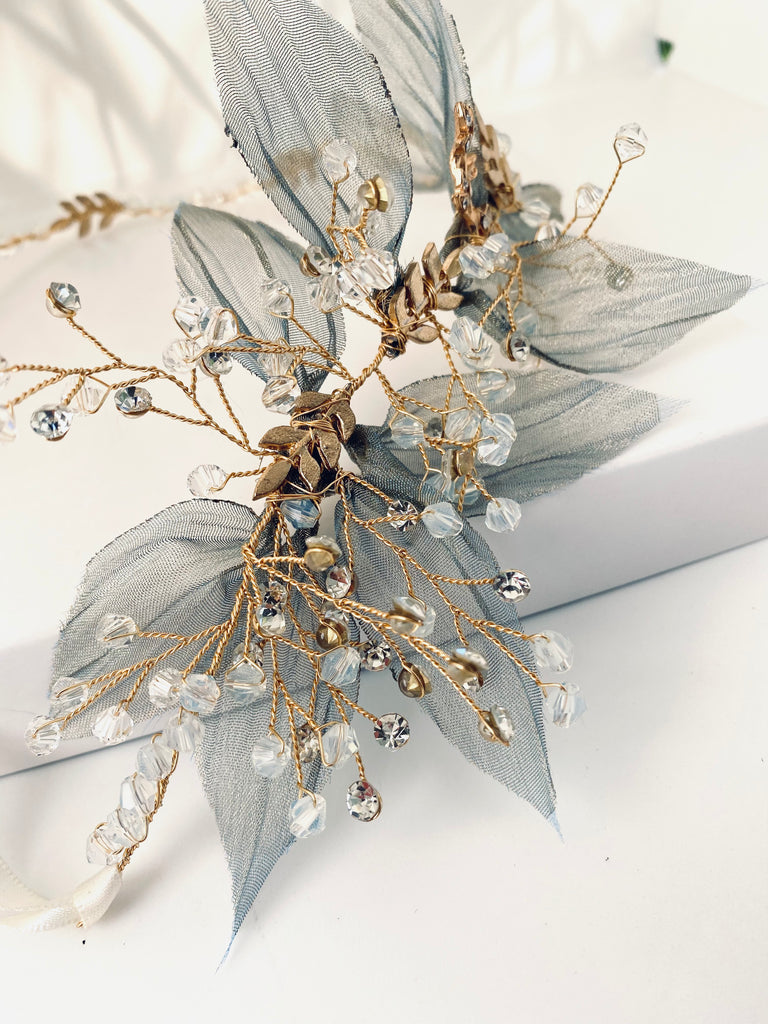 Exklusives Haarband/ Gürtel "Golden-Blue-Leaves-Tulle" | Handmade-" Something Blue Kollektion - Bridal LUUV