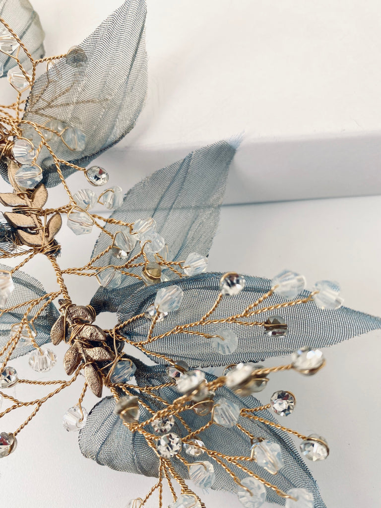 Exklusives Haarband/ Gürtel "Golden-Blue-Leaves-Tulle" | Handmade-" Something Blue Kollektion - Bridal LUUV
