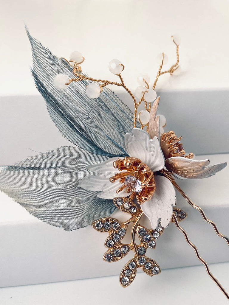 Exklusives Haarkamm- & Haarnadeln Set "White-Flower-Tulle" | Handmade-" Something Blue Kollektion - Bridal LUUV
